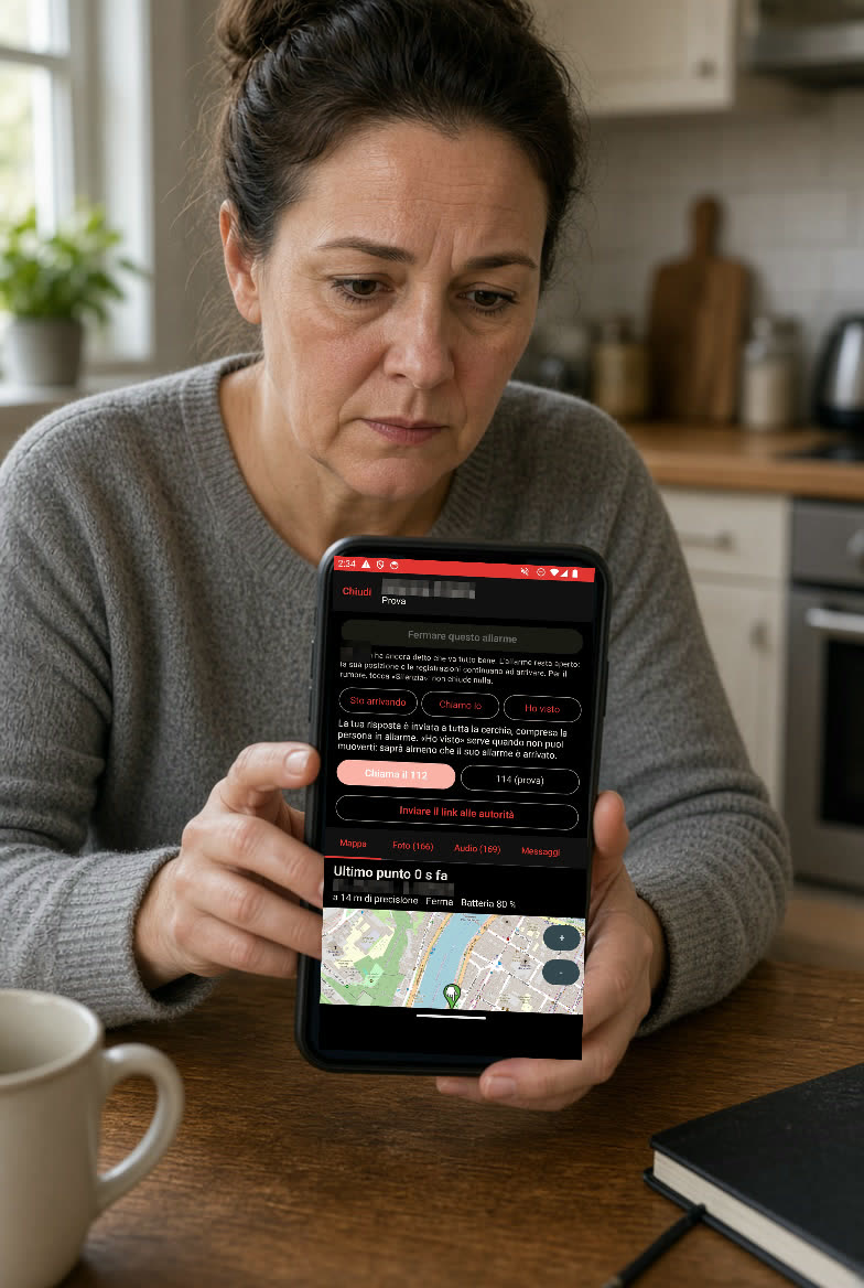 Ciò che vede un familiare: la mappa, le foto, il suono e un pulsante per i soccorsi.