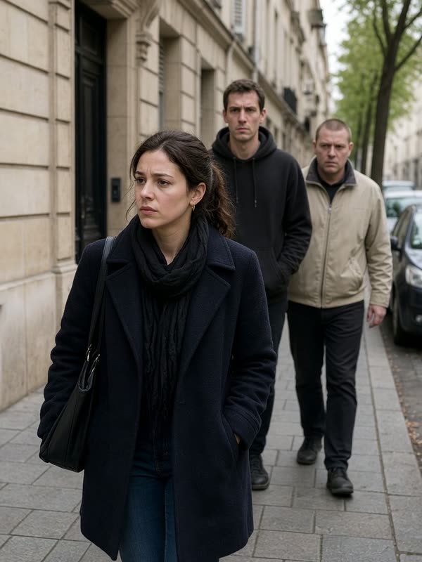 Une femme suivie dans la rue, la main dans la poche.
